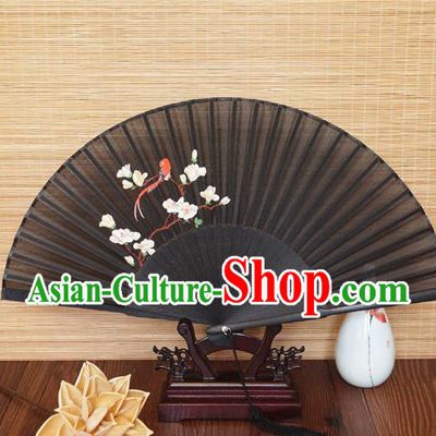 Handmade China Printing Mangnolia Fan Traditional Folding Fans Bamboo Fan Classical Suzhou Black Silk Accordion