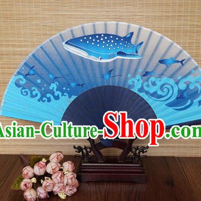 Handmade China Blue Bamboo Fan Classical Silk Accordion Printing Whale Fan Traditional Folding Fans