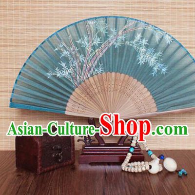 Handmade China Printing Fan Traditional Folding Fans Bamboo Fan Classical Green Silk Accordion