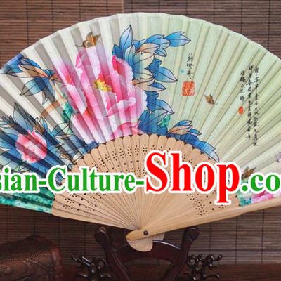 China Traditional Dance Folding Fans Bamboo Fan Classical Beige Silk Accordion Handmade Printing Peony Fan