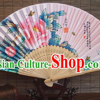 China Handmade Printing Peony Fan Traditional Dance Folding Fans Bamboo Fan Classical Pink Silk Accordion