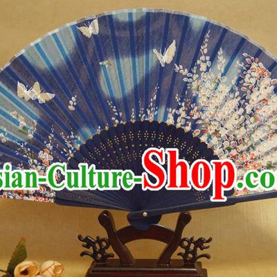 China Handmade Printing Sakura Butterfly Fans Traditional Dance Folding Fan Bamboo Fan Classical Deep Blue Silk Accordion