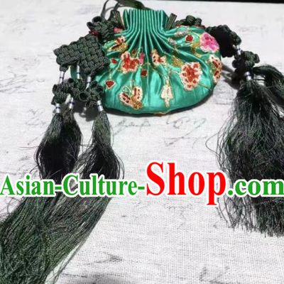 Chinese Ancient Princess Suzhou Embroidered Sachet Traditional Hanfu Green Silk Perfume Satchel Ming Dynasty Belt Pendant Waist Accessories