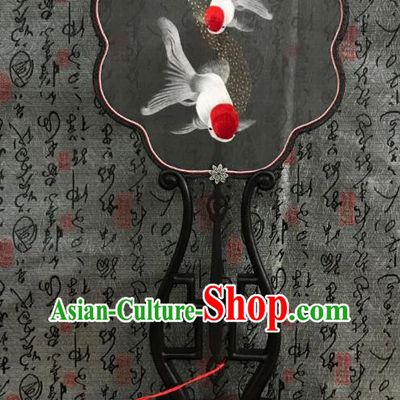 China Classical Double Side Palace Fan Handmade Suzhou Embroidered Gildfish Fan Traditional Black Silk Fans Hanfu Dance Fan