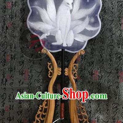 China Traditional Purple Silk Fans Cheongsam Dance Fan Classical Palace Fan Handmade Double Side Suzhou Embroidered Nine Tails Fox Fan