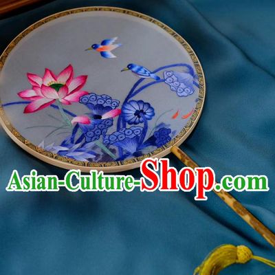 China Traditional Song Dynasty Silk Fans Handmade Hanfu Circular Fan Classical Palace Fan Suzhou Embroidered Lotus Double Side Fan