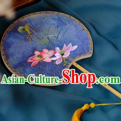 China Classical Palace Fan Double Side Suzhou Embroidered Lotus Fan Traditional Song Dynasty Princess Fans Handmade Hanfu Blue Silk Fan
