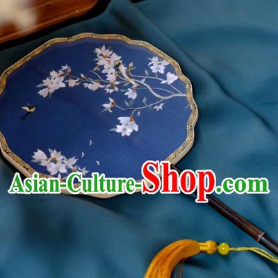 China Double Side Suzhou Embroidered Mangnolia Fan Handmade Song Dynasty Princess Fans Traditional Hanfu Blue Silk Fan Classical Palace Fan