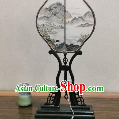 China Classical Double Side Palace Fan Handmade Suzhou Embroidered Landscape Fan Traditional Song Dynasty Silk Fans Hanfu Fan