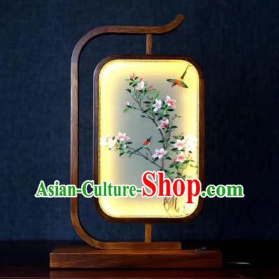 Chinese Suzhou Embroidery Desk Lamp Handmade LED Lantern Embroidered Flowers Bird Table Screen