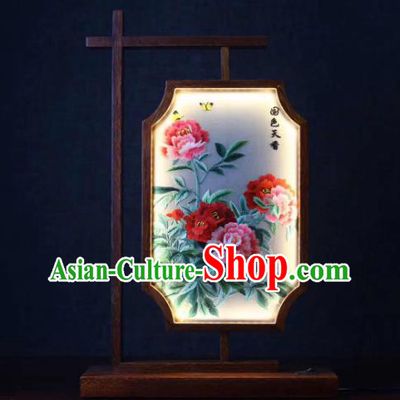 Chinese Embroidered Peony Table Screen Suzhou Embroidery Desk Lamp Handmade LED Lantern
