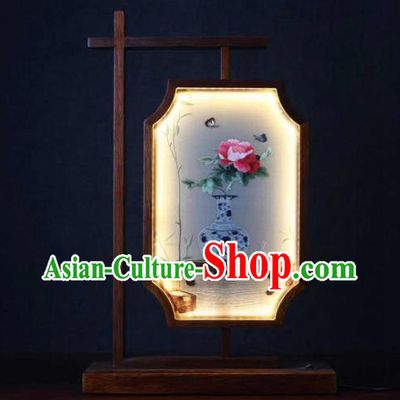 Chinese Handmade Desk Lamp LED Lantern Embroidered Peony Butterfly Table Screen Suzhou Embroidery Craft