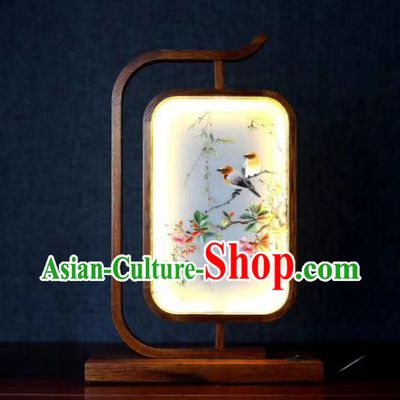 Chinese Suzhou Embroidery Craft Handmade Desk Lamp LED Lantern Embroidered Begonia Bird Table Screen
