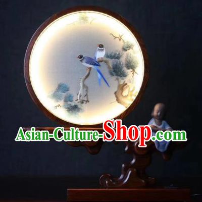 Chinese Desk Lantern Handmade LED Lamp Embroidered Pine Table Screen Suzhou Double Side Embroidery Craft