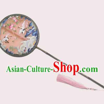 China Handmade Double Side Pink Silk Fan Classical Circular Fans Traditional Hanfu Fan Embroidered Crane Palace Fan