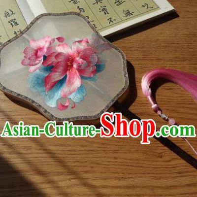 China Handmade Double Side Silk Fan Classical Dance Fans Traditional Hanfu Fan Embroidered Lotus Palace Fan