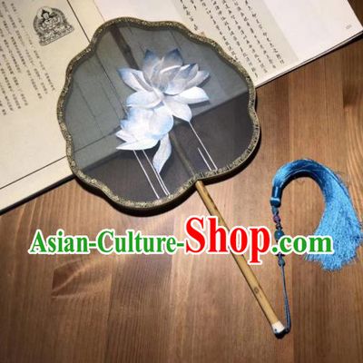 China Handmade Song Dynasty Court Fans Traditional Hanfu Black Silk Fan Classical Palace Fan Embroidered Lotus Double Side Fan