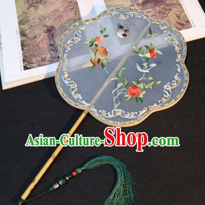 China Classical Dance Fans Traditional Ming Dynasty Hanfu Fan Embroidered Peach Palace Fan Handmade Double Side Blue Silk Fan