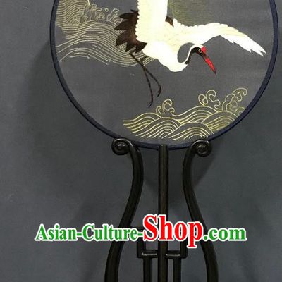 China Traditional Hanfu Grey Silk Fan Suzhou Embroidered Crane Palace Fan Handmade Double Side Fan Classical Dance Circular Fans