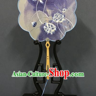 China Suzhou Embroidered Purple Lotus Palace Fan Handmade Double Side Fan Classical Dance Fans Traditional Hanfu Silk Fan