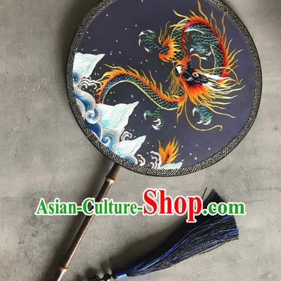 China Suzhou Embroidered Dragon Fan Handmade Double Side Palace Fan Classical Circular Fans Traditional Hanfu Navy Silk Fan