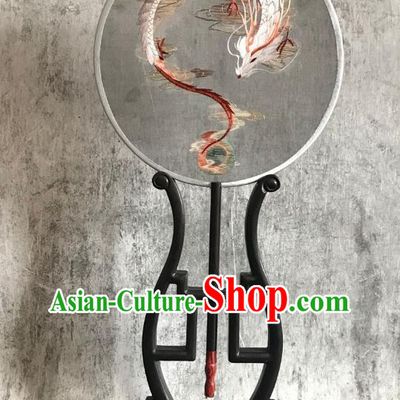 China Traditional Hanfu Grey Silk Fan Suzhou Embroidered Dragon Fan Handmade Double Side Palace Fan Classical Circular Fans