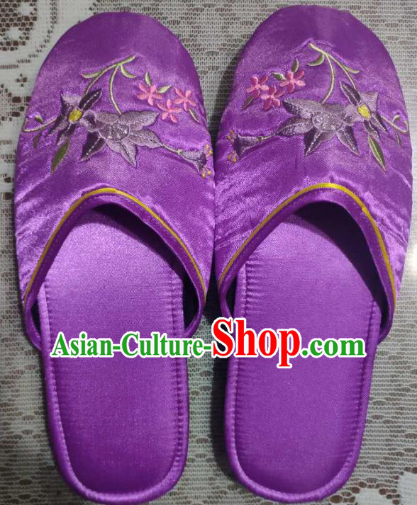 Chinese Embroidery Petunia Slippers Wedding Shoes Handmade Purplen Satin Shoes Chinese Embroidery Petunia Slippers Wedding Shoes Handmade Purplen Satin Shoes