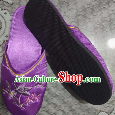Chinese Embroidery Petunia Slippers Wedding Shoes Handmade Purplen Satin Shoes