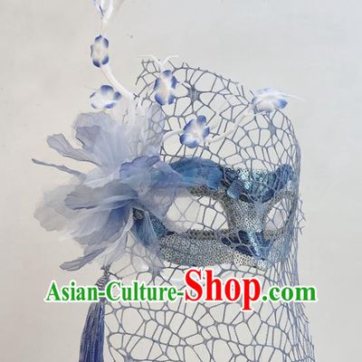 Handmade Cosplay Party Branch Mask Blue Silk Flower Face Mask Halloween Stage Performance Deluxe Headpiece