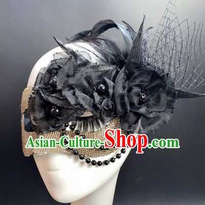 Handmade Stage Performance Blinder Headpiece Halloween Cosplay Party Black Silk Flowers Mask Deluxe Beads Face Mask