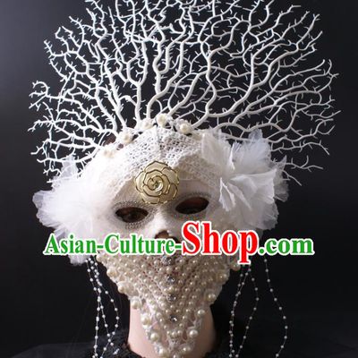 Deluxe White Lace Face Mask Stage Performance Headpiece Halloween Cosplay Pearls Mask