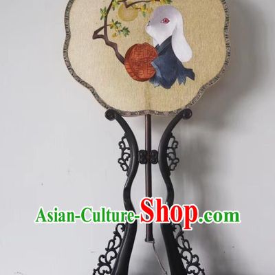 China Handmade Double Side Fan Classical Kesi Fans Traditional Hanfu Yellow Silk Fan Suzhou Embroidered Rabbit Palace Fan