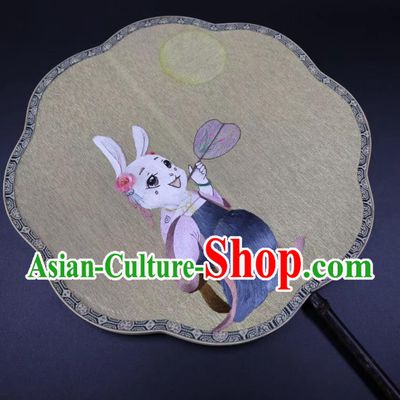 China Suzhou Embroidered Rabbit Palace Fan Handmade Double Side Fan Classical Kesi Fans Traditional Hanfu Beige Silk Fan