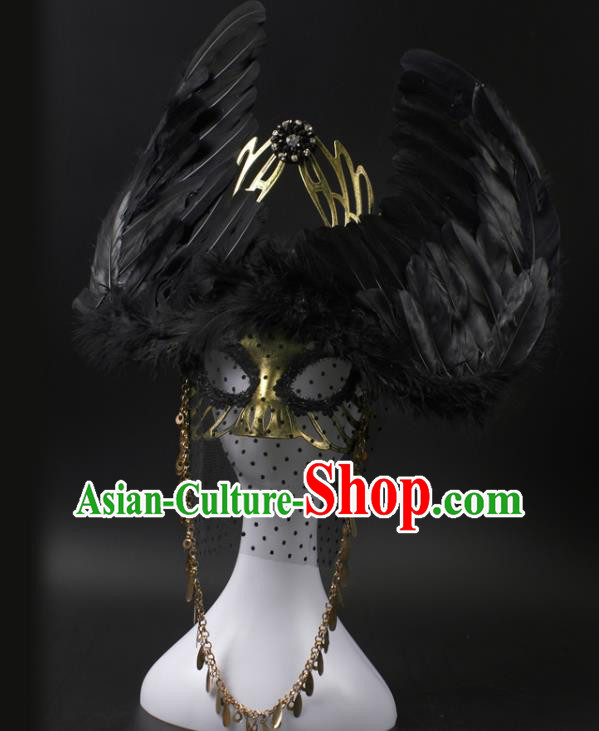 Professional Rio Carnival Headwear Cosplay Wings Mask Party Performance Black Feather Face Mask Professional Rio Carnival Headwear Cosplay Wings Mask Party Performance Black Feather Face Mask