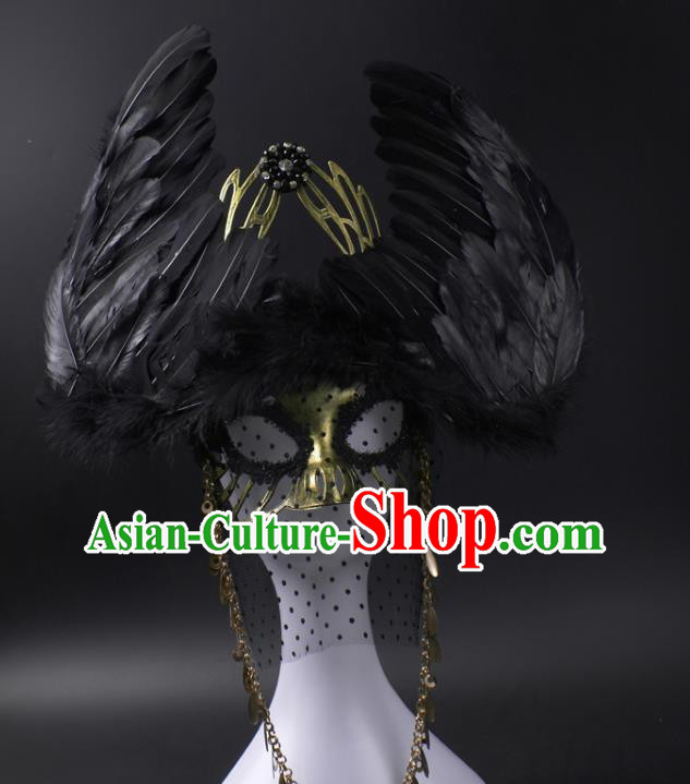Professional Rio Carnival Headwear Cosplay Wings Mask Party Performance Black Feather Face Mask Professional Rio Carnival Headwear Cosplay Wings Mask Party Performance Black Feather Face Mask