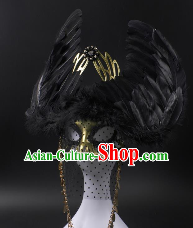 Professional Rio Carnival Headwear Cosplay Wings Mask Party Performance Black Feather Face Mask Professional Rio Carnival Headwear Cosplay Wings Mask Party Performance Black Feather Face Mask