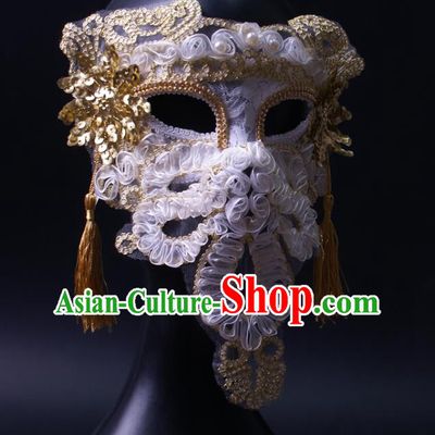 Deluxe Stage Performance Headpiece Halloween Cosplay Woman White Silk Flowers Mask Handmade Pearls Face Mask
