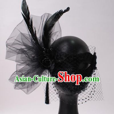 Handmade Face Mask Halloween Deluxe Stage Performance Blinder Headpiece Cosplay Party Black Feather Mask