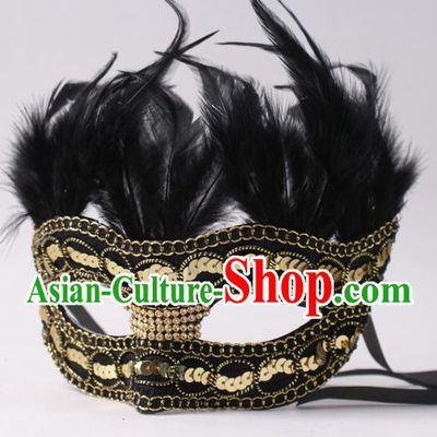 Professional Party Performance Black Feather Face Mask Rio Carnival Headwear Cosplay Golden Sequins Mask