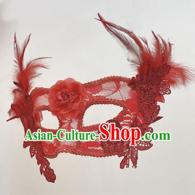 Cosplay Party Deluxe Lace Flower Mask Handmade Red Feather Face Mask Halloween Stage Performance Headpiece