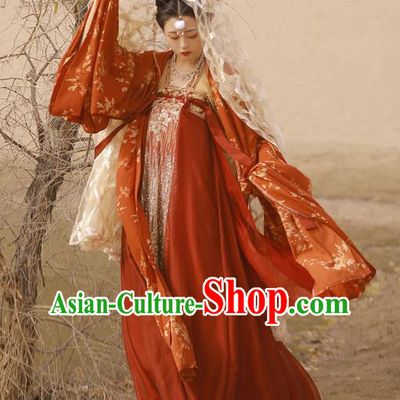 China Traditional Tang Dynasty Palace Beauty Historical Clothing Ancient Court Princess Red Hanfu Dress Garments