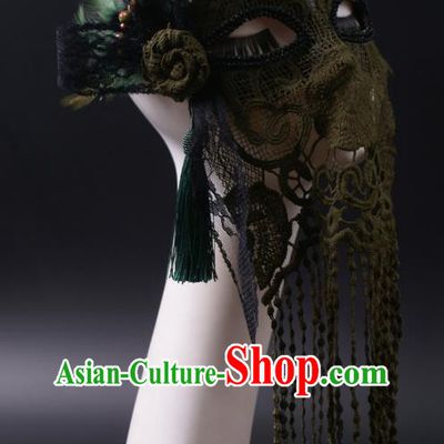 Handmade Deluxe Atrovirens Tassel Face Mask Halloween Stage Performance Blinder Headpiece Cosplay Party Lace Feather Mask