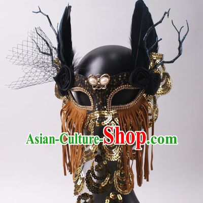 Handmade Deluxe Brown Tassel Face Mask Halloween Stage Performance Feather Headpiece Cosplay Party Sequins Mask