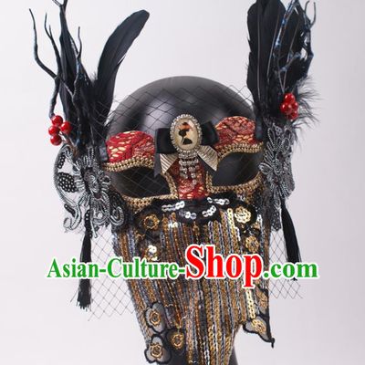 Cosplay Party Sequins Mask Handmade Deluxe Branch Face Mask Halloween Stage Performance Black Feather Headpiece
