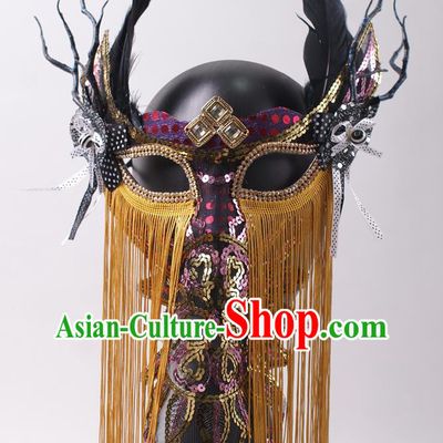Halloween Handmade Yellow Tassel Face Mask Stage Performance Headpiece Cosplay Party Black Feather Mask