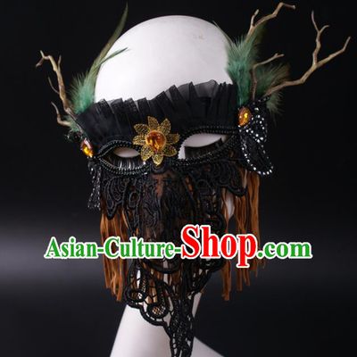 Handmade Halloween Cosplay Party Black Lace Mask Carnival Feather Branch Face Mask Stage Performance Headpiece