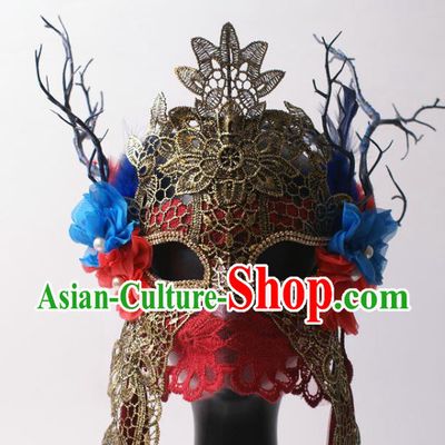 Handmade Stage Performance Blinder Headpiece Halloween Cosplay Party Red Lace Mask Carnival Flower Branch Full Face Mask