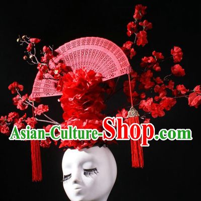 China Stage Show Headdress Catwalks Red Peony Plum Fan Hair Crown Giant Hair Accessories