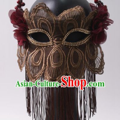 Halloween Stage Performance Blinder Headpiece Cosplay Party Mask Handmade Deluxe Brown Tassel Face Mask