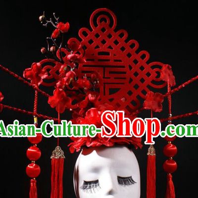 China Catwalks Red Knot Tassel Hair Crown Traditional Wedding Giant Hair Accessories Stage Show Headdress